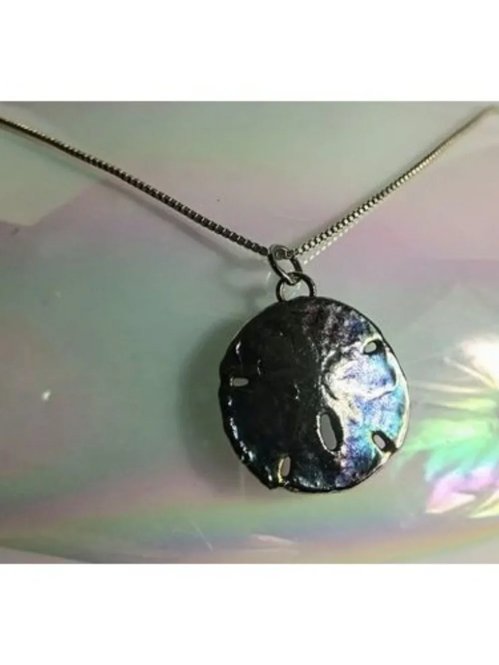 925 Sterling Silver Sand Dollar Pendant Necklace Iridescent Beach Coastal Boho